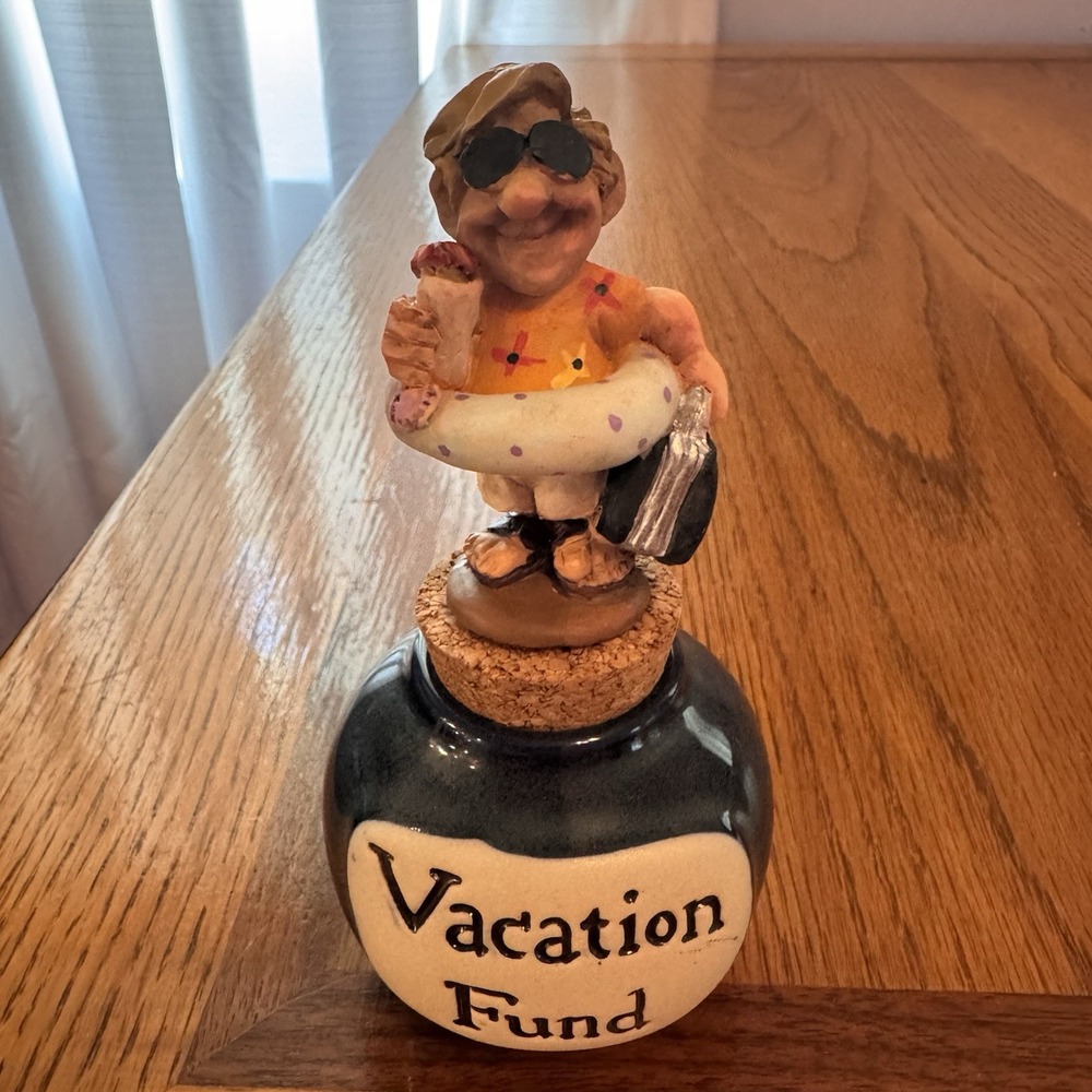 Vacation Fund Ceramic Jar Coin Piggy Bank w Cork‎ Topper Person On Beach Vacay